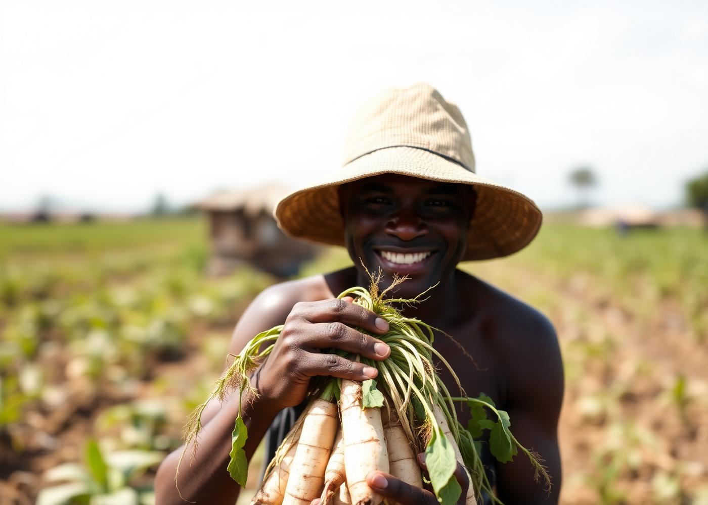 Nigerian farmer holding freshly harvested cassava roots