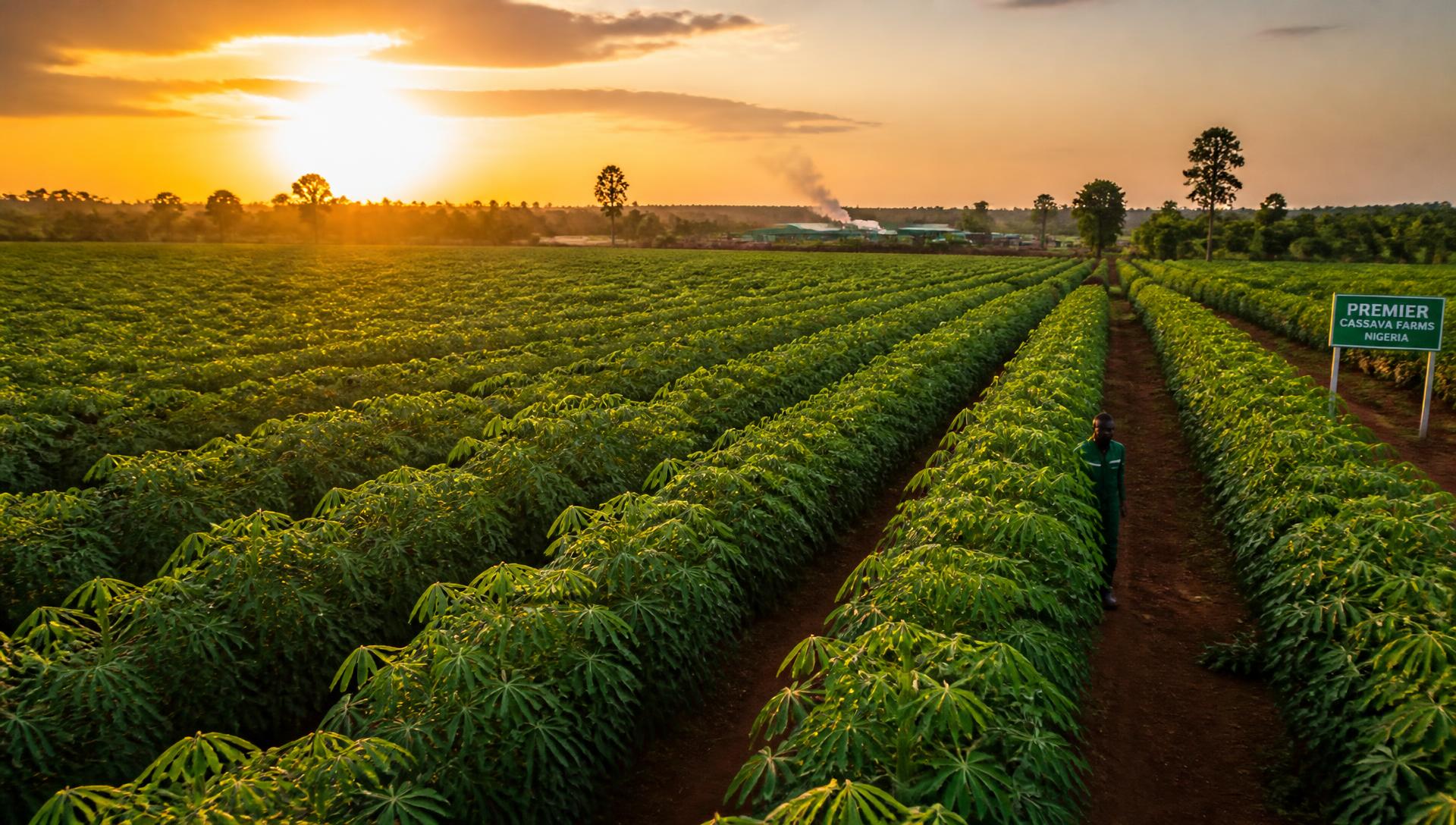 Aerial view of a cassava plantation at sunset in Nigeria