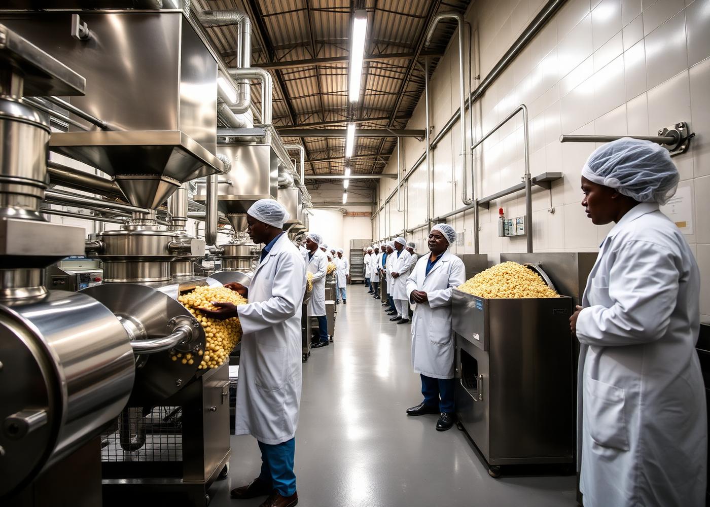 Workers operating modern cassava processing equipment