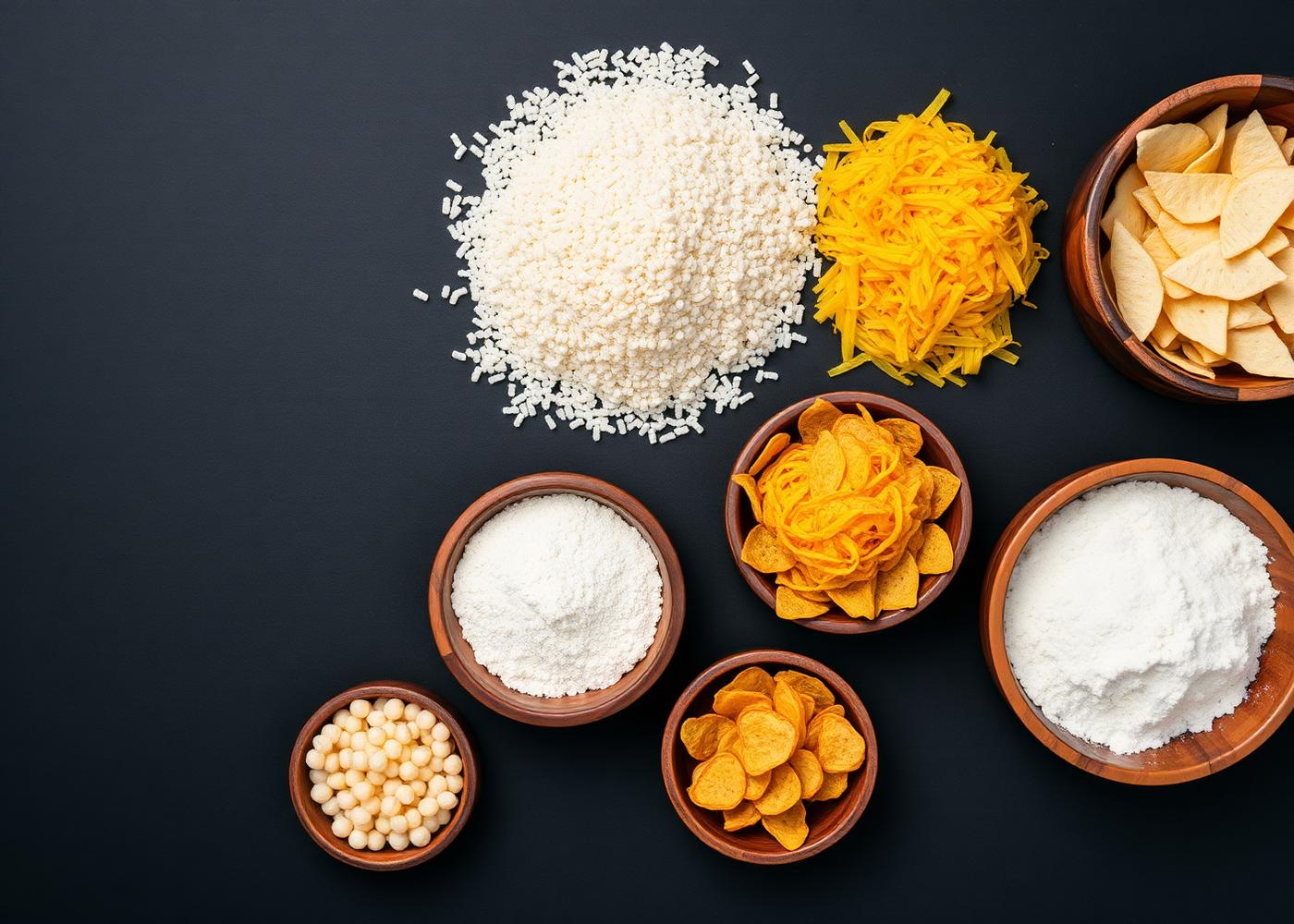 Garri, cassava flour, tapioca, chips and starch displayed in bowls